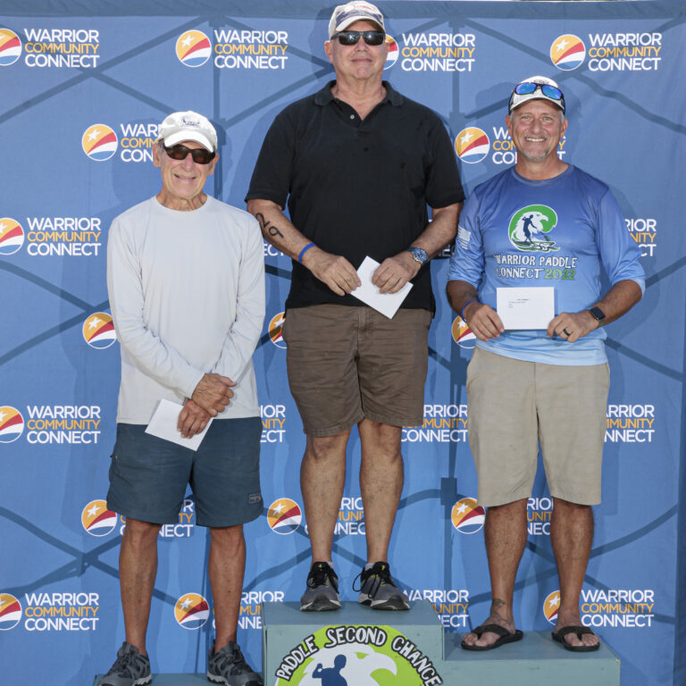 three men standing on a podium holding papers