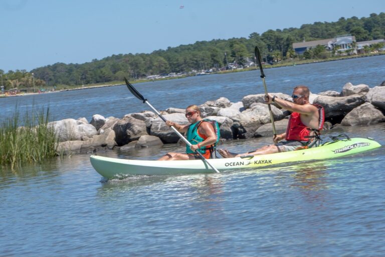 two people in a kayak paddling on the water