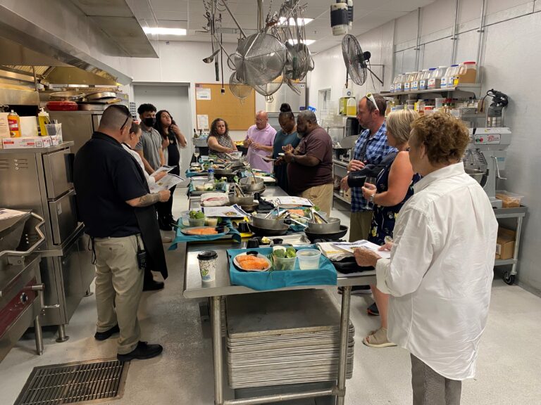 a group of people in a kitchen preparing food