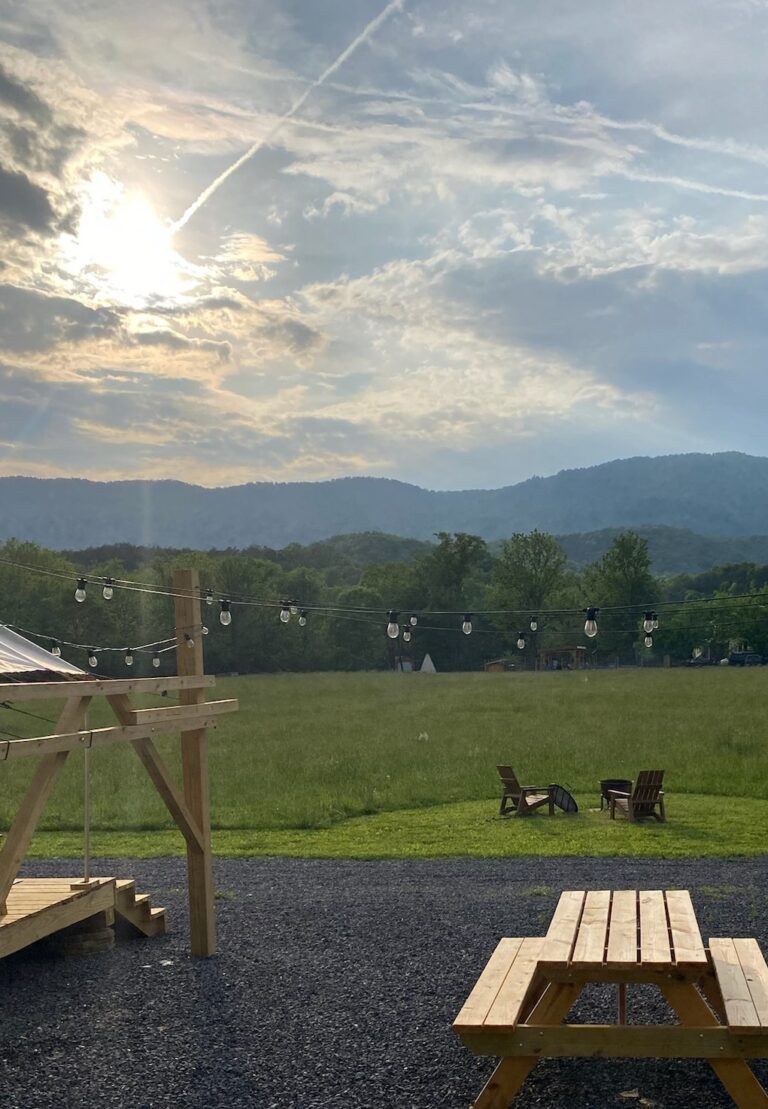 a picnic table and swing set in the middle of a field