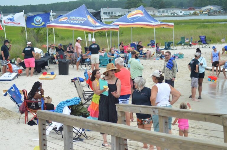a crowd of people standing on top of a sandy beach