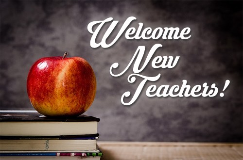apple on textbooks and chalkboard with "Welcome New Teachers!"