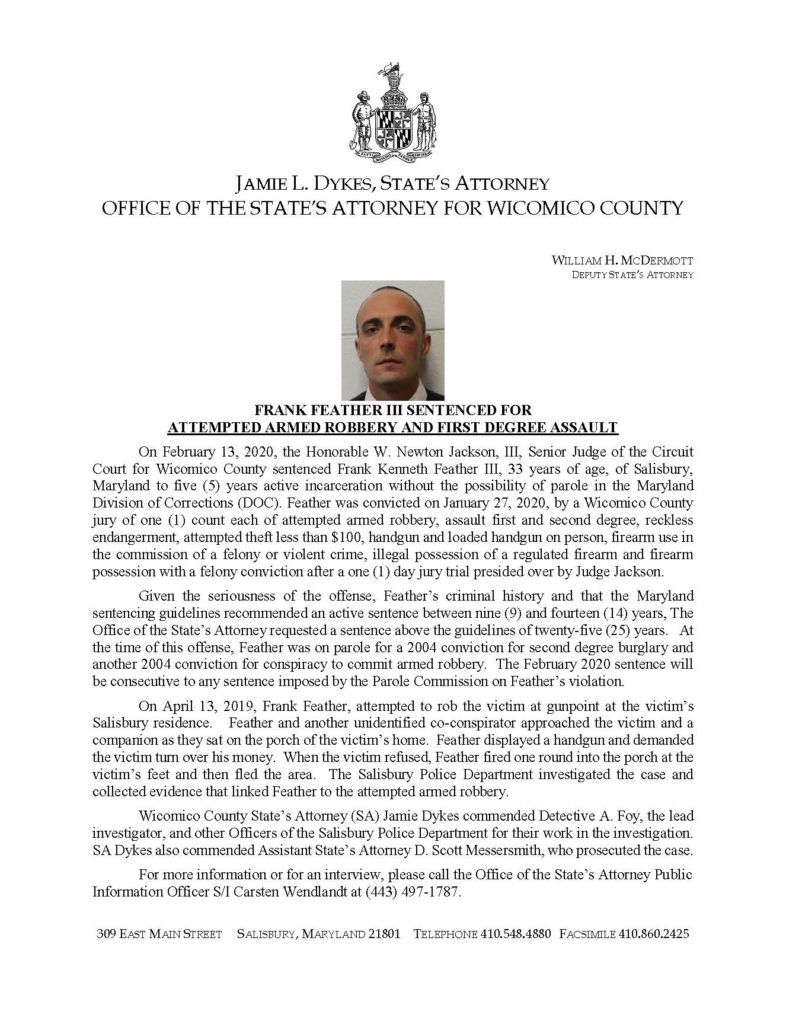 Press release of Frank Feather sentencing