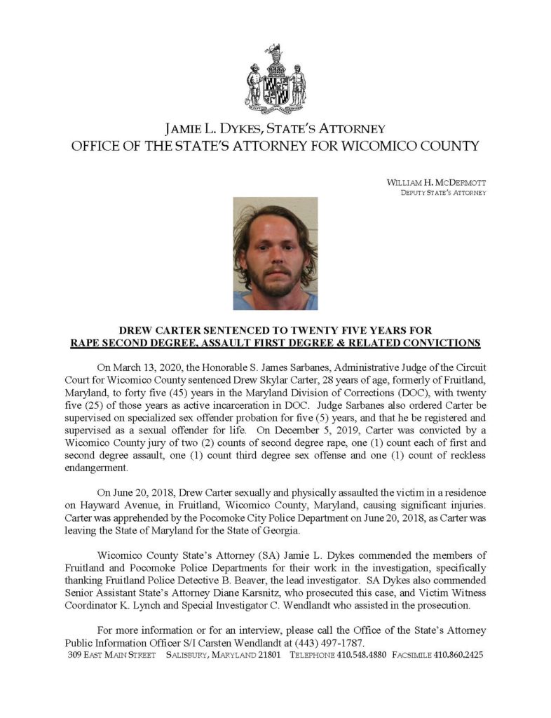Press release of Drew Carter sentencing