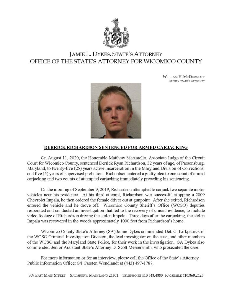 Press release of Derrick Richardson sentencing