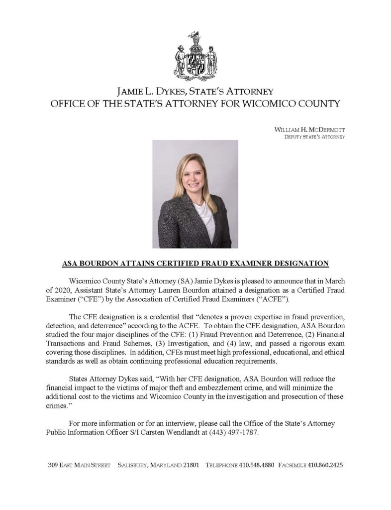 Press release of Lauren Bourdon CFE designation