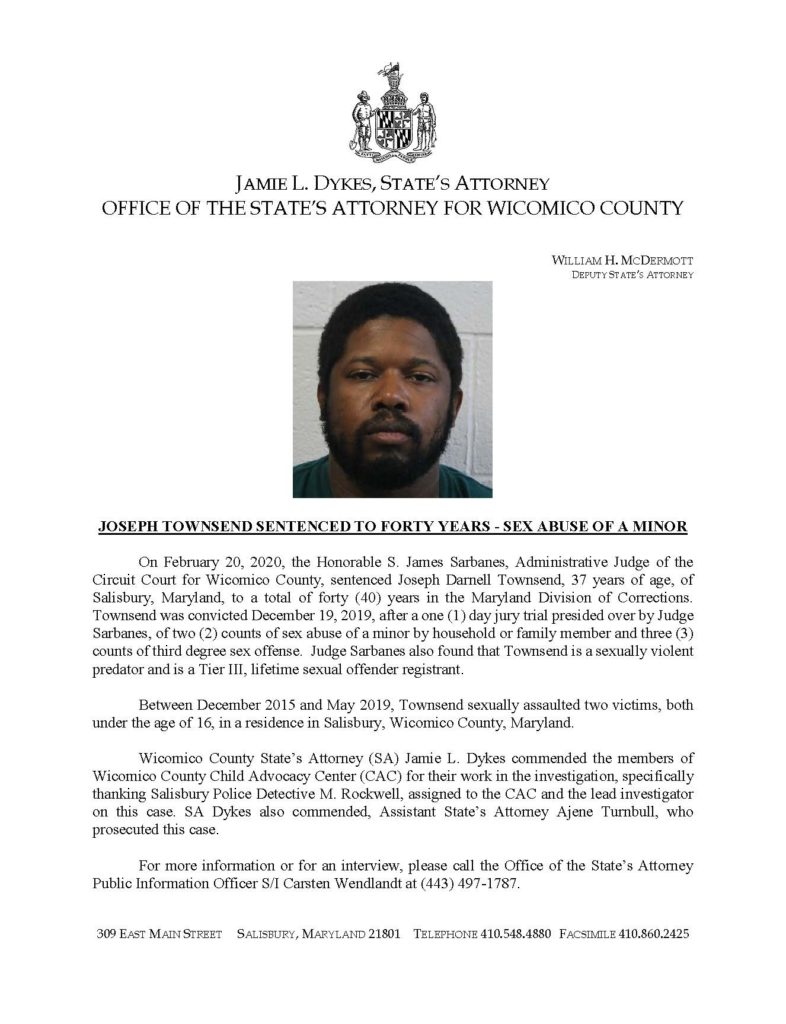 Press release of Joseph Townsend sentencing