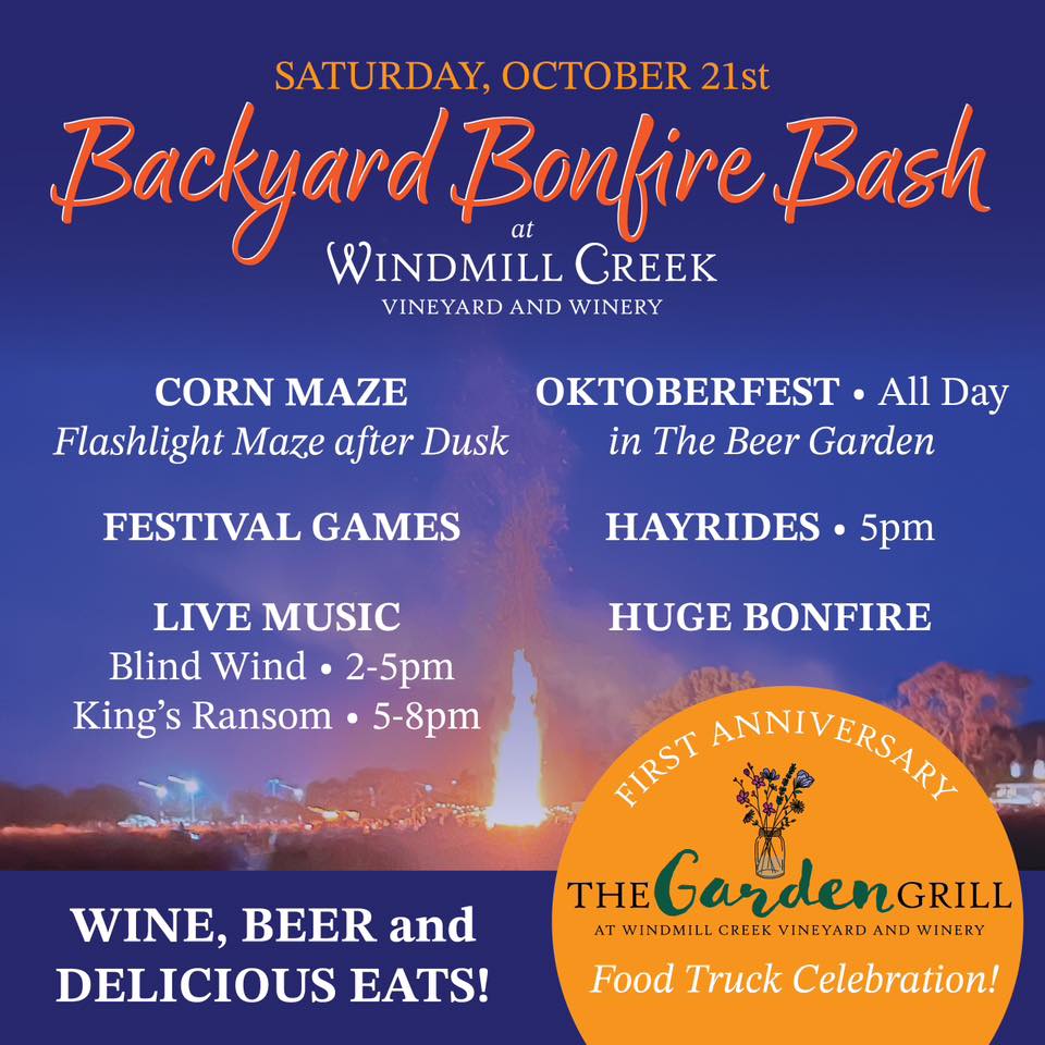 blue, purple, and orange flyer for a backyard bonfire bash at Windmill Creek Vineyard and Winery