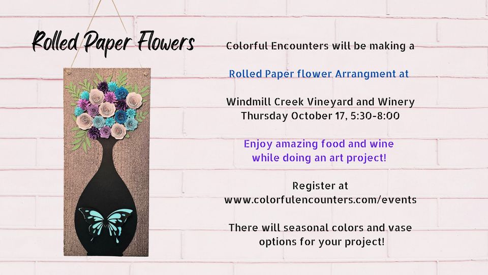 pink brick print flyer with rolled paper flower event info