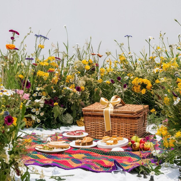 picnic basket with food surrounded by flowers