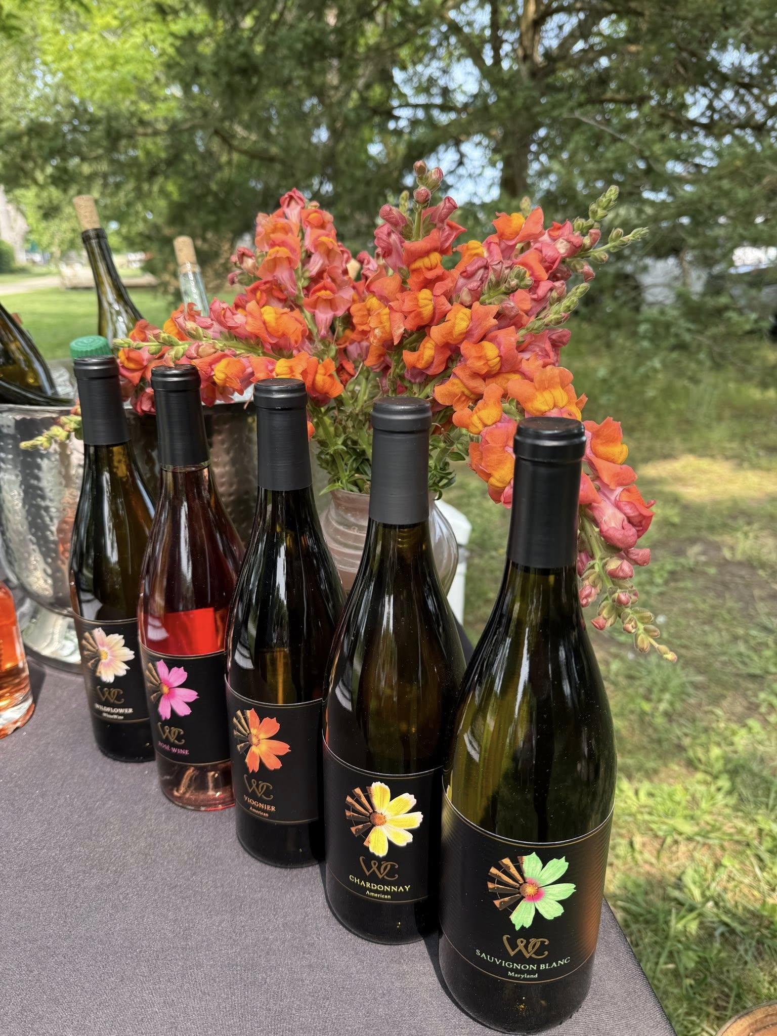 wine bottles outside with flowers around