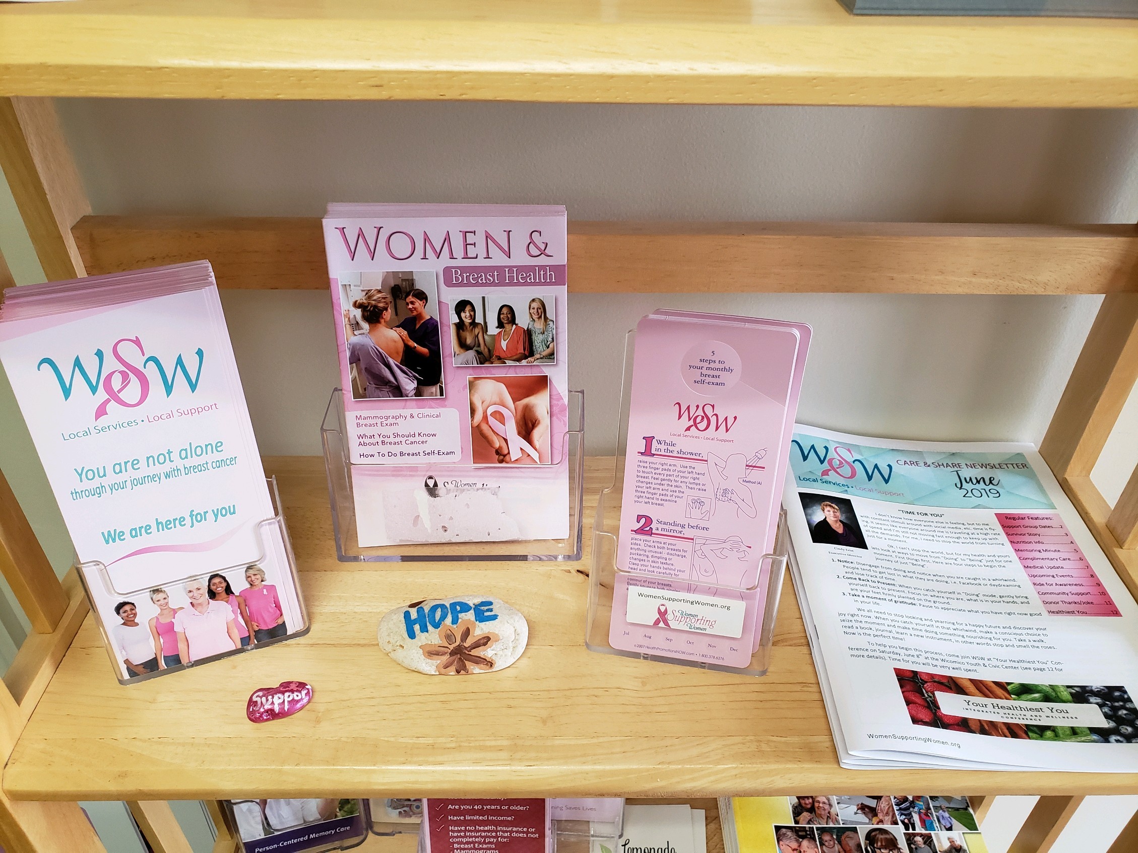 a wooden shelf with magazines and brochures on it
