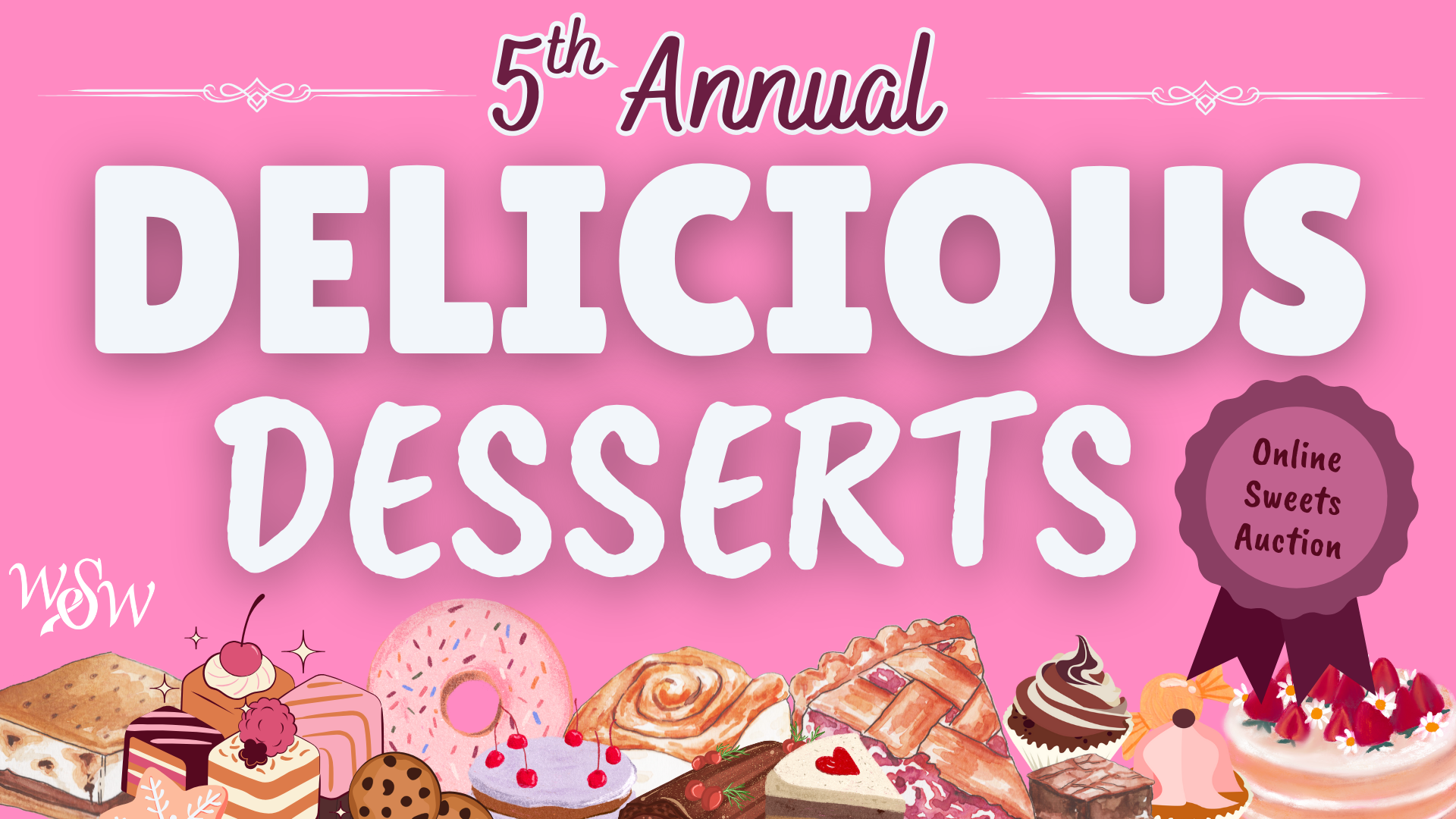 a pink poster with a bunch of desserts on it