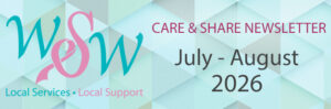 a blue and pink poster with the words care & share news letter july - august