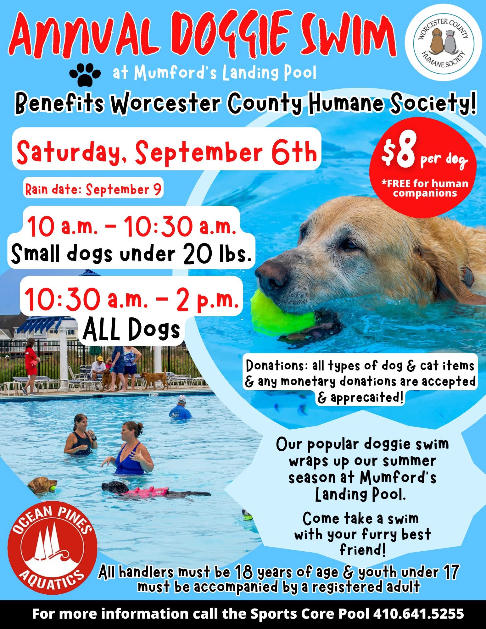 Annual Doggie Swim at Mumford’s Landing Pool Benefits Worcester County Humane Society! Saturday, September 6th Rain date: September 9 $8 per dog *FREE for human companions 10 a.m. – 10:30 a.m. Small dogs under 20 lbs. 10:30 a.m. – 2 p.m. ALL Dogs Donations: all types of dog & cat items & any monetary donations are accepted & appreciated! Our popular doggie swim wraps up our summer season at Mumford’s Landing Pool. Come take a swim with your furry best friend! Ocean Pines Aquatics All handlers must be 18 years of age & youth under 17 must be accompanied by a registered adult For more information call the Sports Core Pool 410.641.5255