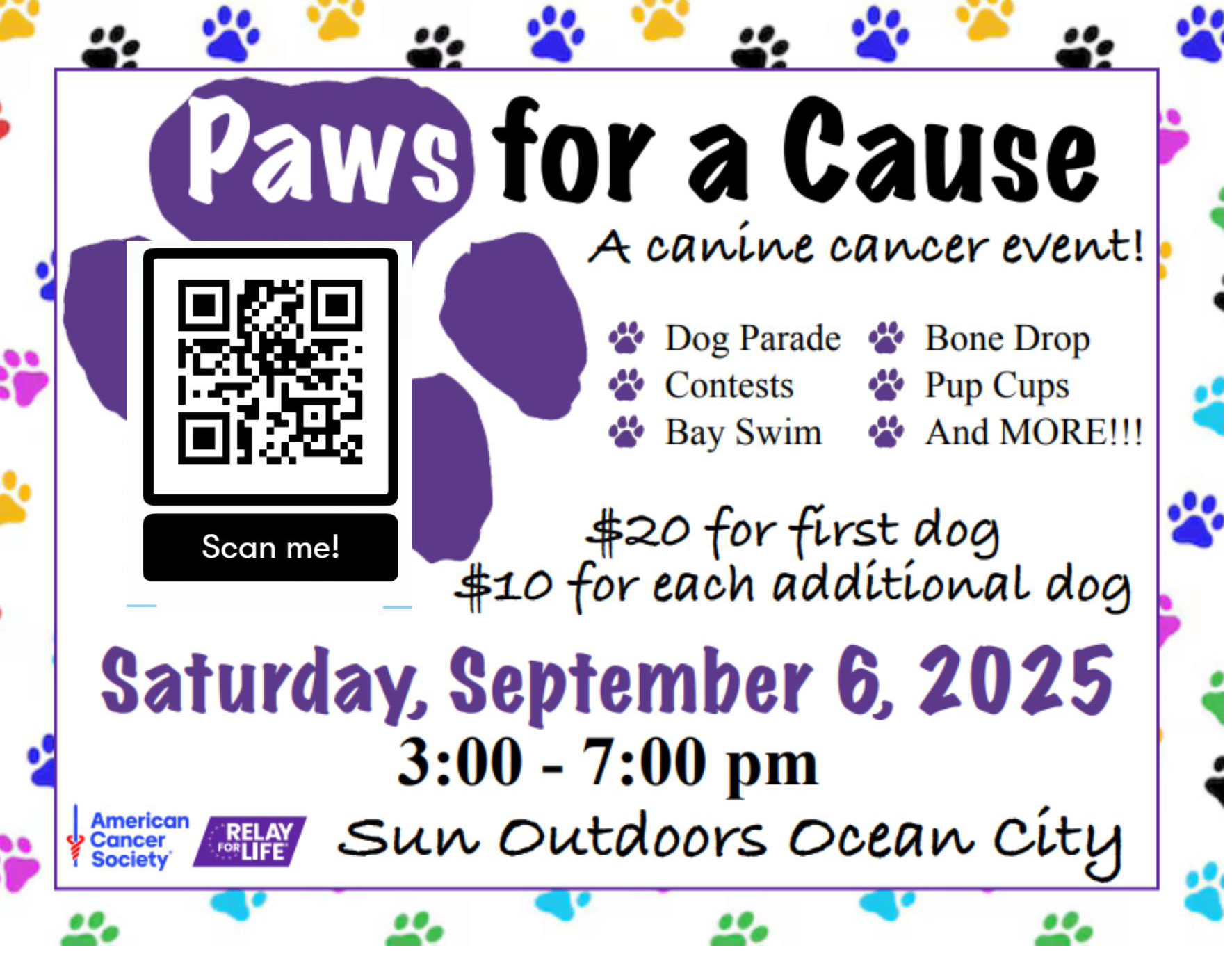Paws for a Cause Paws for a Cause A canine cancer event! Dog Parade Contests Bay Swim Bone Drop Pup Cups And MORE!!! $20 for first dog $10 for each additional dog Saturday, September 6, 2025 3:00 – 7:00 pm Sun Outdoors Ocean City American Cancer Society Relay For Life