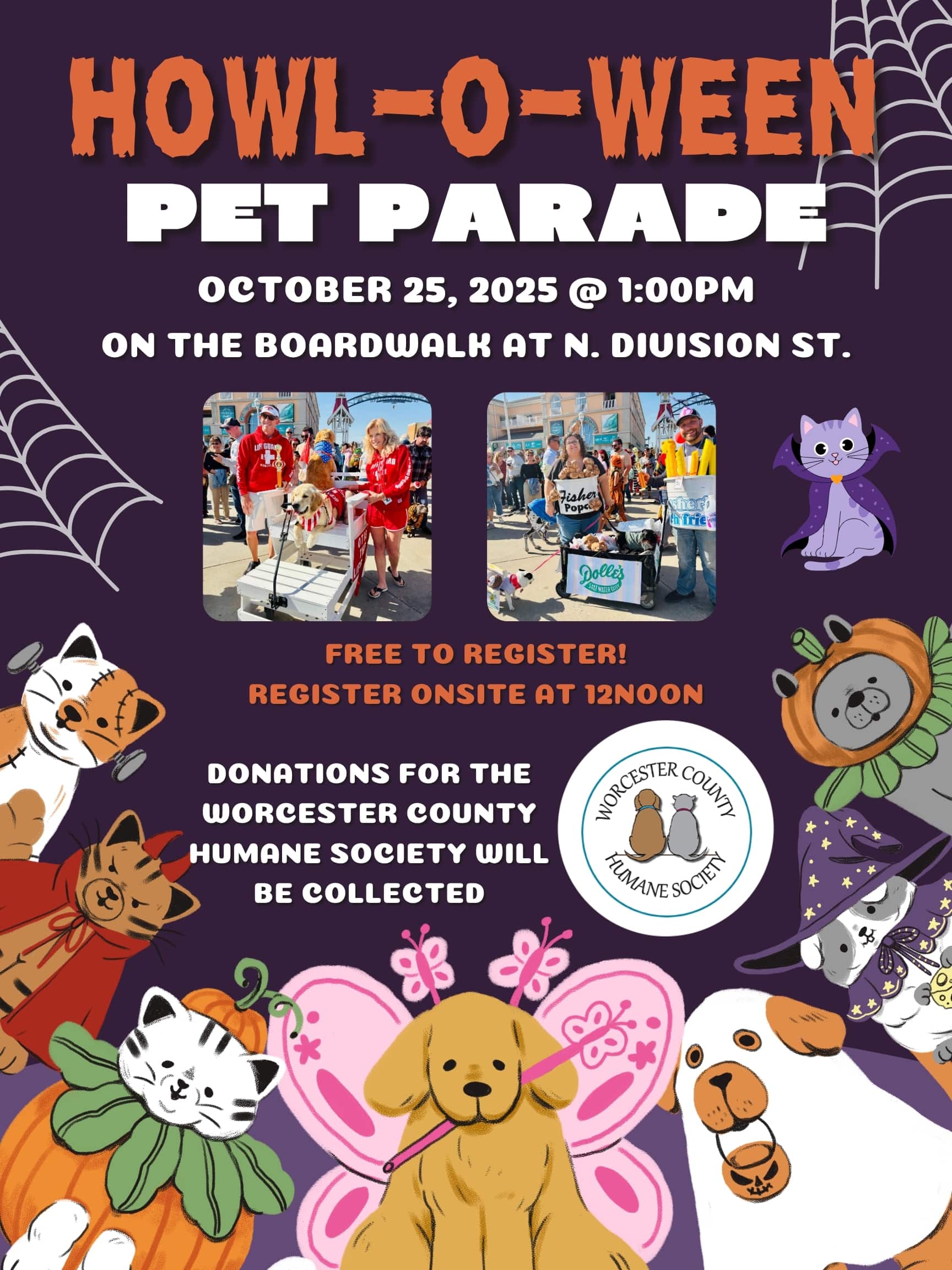 a flyer for a pet parade featuring dogs and cats