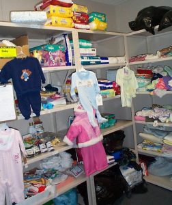 closet filled with baby items