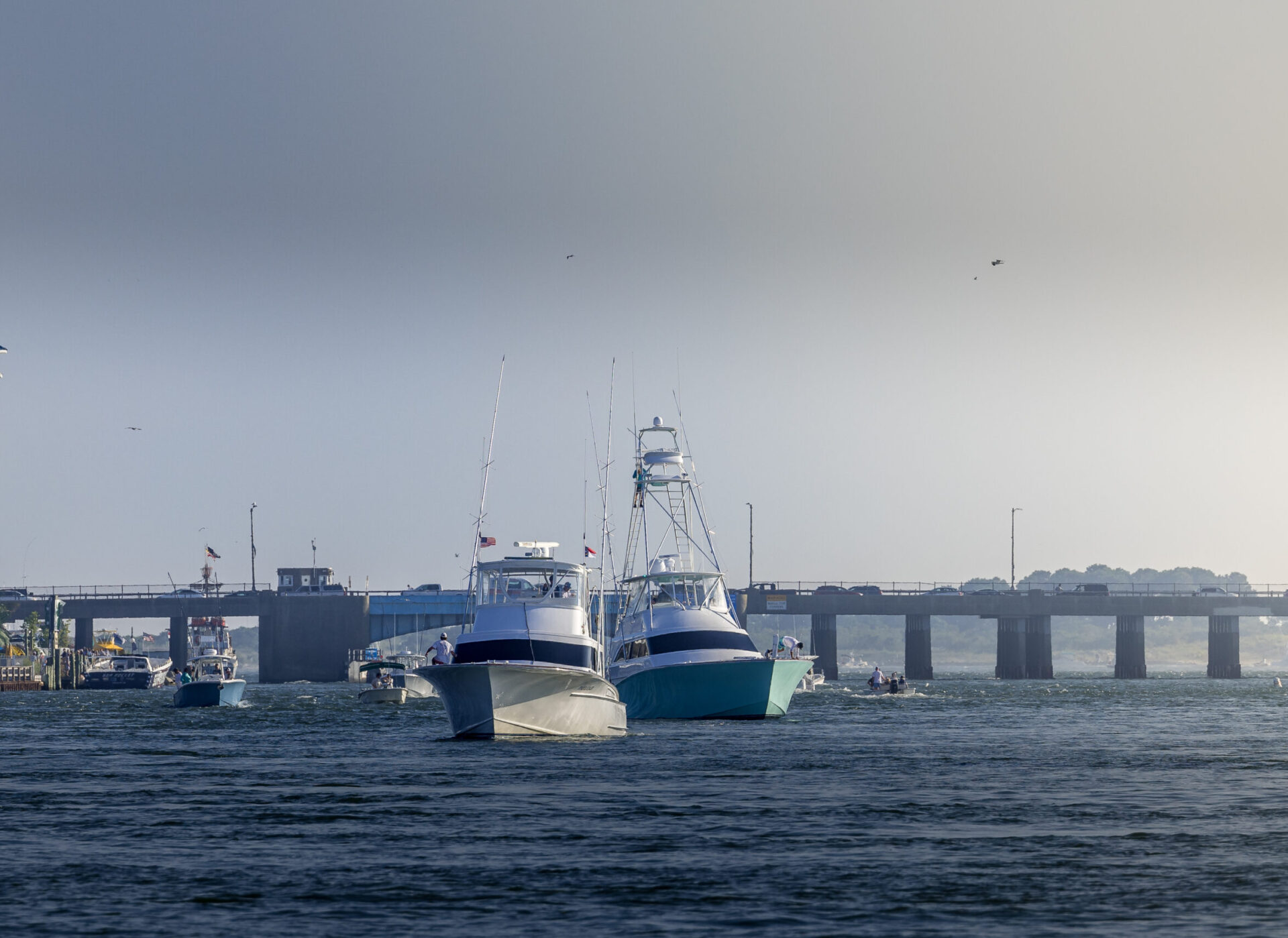 Sport fishing boats heading into the bay